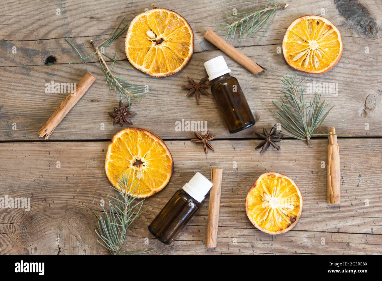 Top view bottles and ingredients. Background Stock Photo