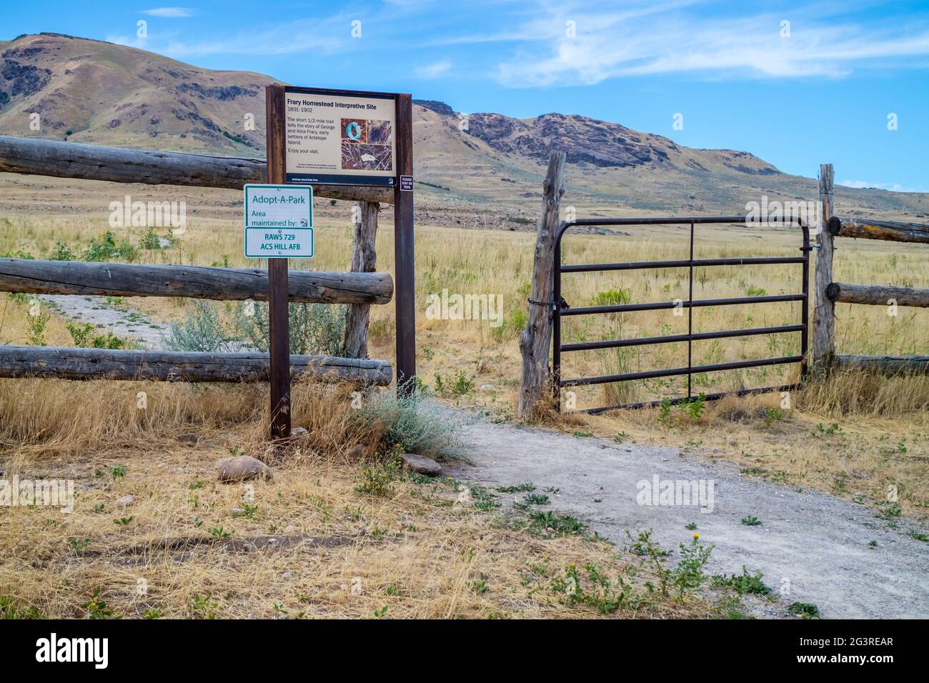 A description board of the historic settlement of a family in Antelope Island SP, Utah Stock Photo