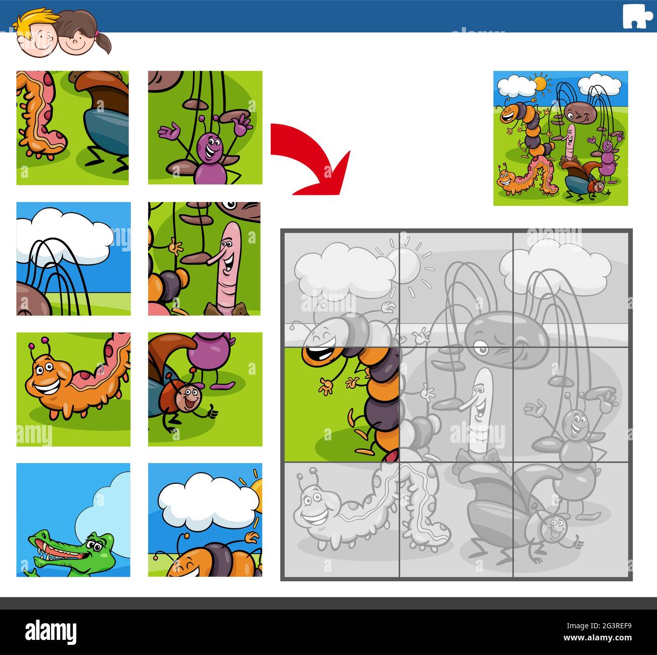 Cartoon illustration of educational jigsaw puzzle game for children ...