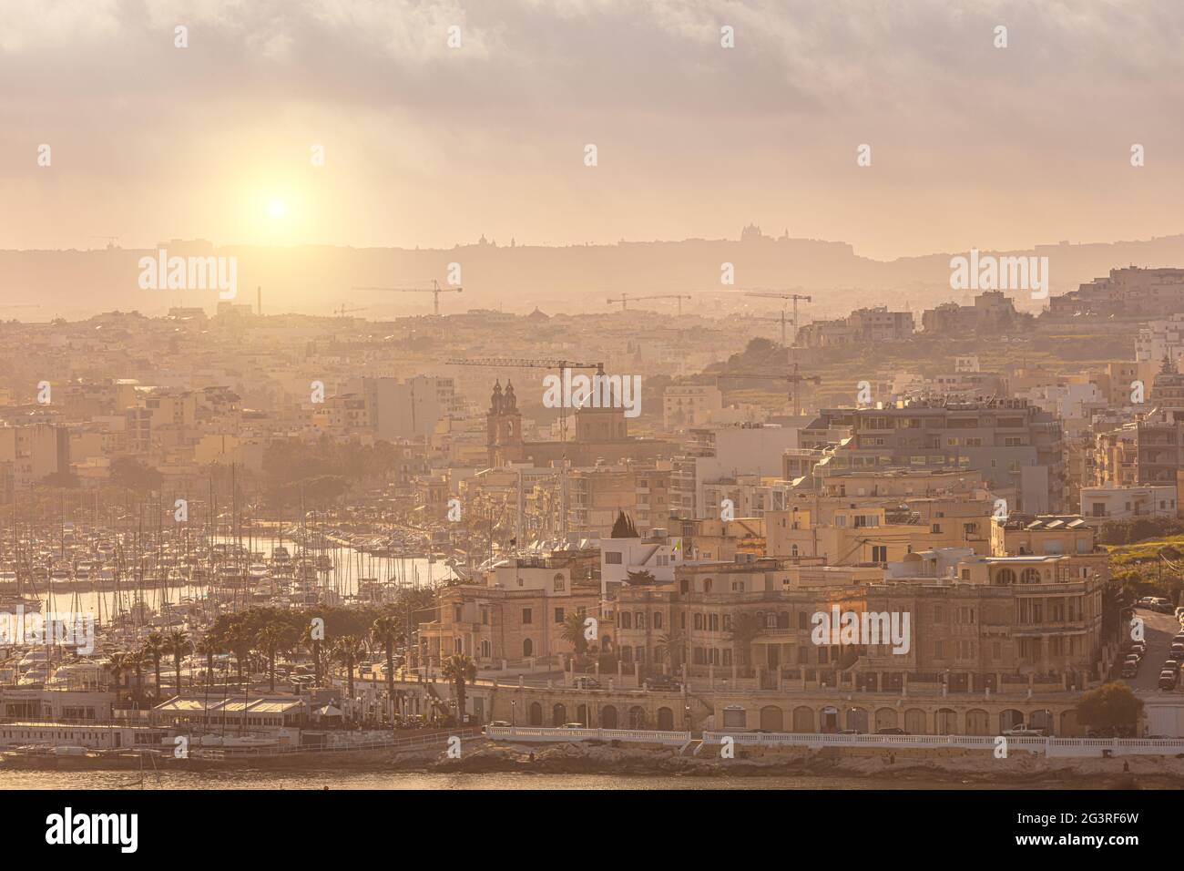 Malta, View from Valletta to Msida, Pieta & Ta Xbiex / Msida Parish Church, St. Joseph Stock Photo