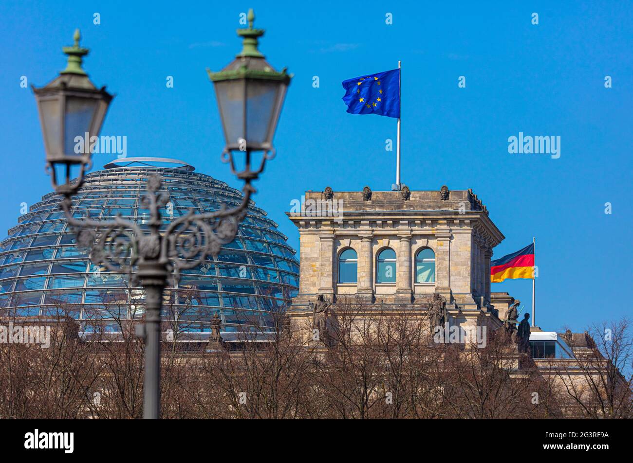 Berlin Reichstag waving eu flag in the wind, Federal Republic of Germany, Reichstag, parliament, Stock Photo