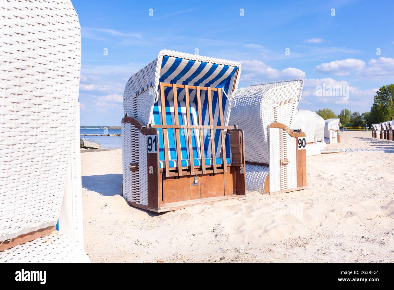 German Coast, Beach Chairs at early morning, white sand, Holiday, Summer Stock Photo
