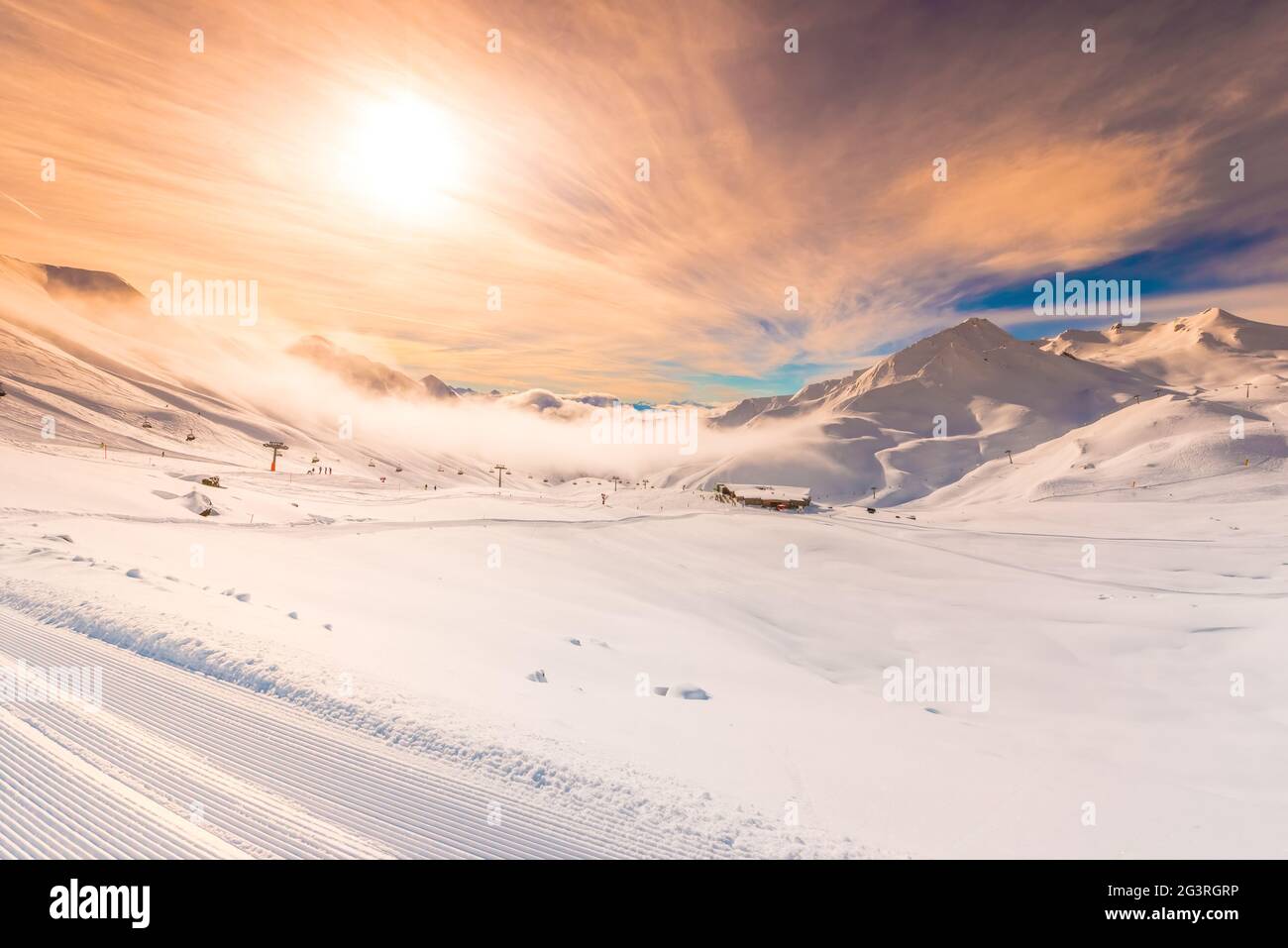 Austria Tirol Serfaus snow Alps Furgler Kaunertal summit winter vacation romantic mood moody sky Stock Photo