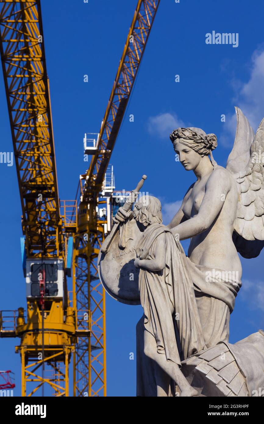 Berlin, Buildin site, investment, culture,history, crane, statue Stock Photo