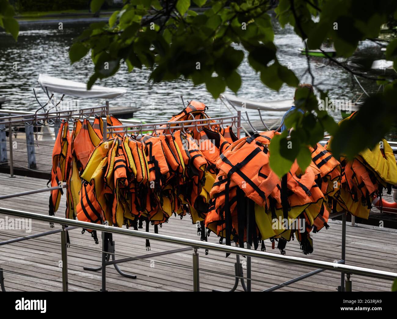 life jackets on the wharf near the boat station Stock Photo Alamy