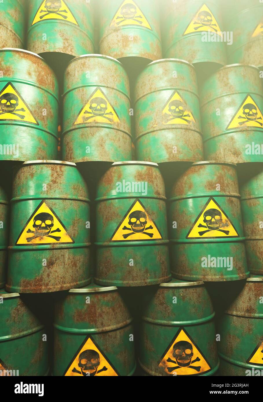 Warehouse with toxic waste barrels, portrait format Stock Photo
