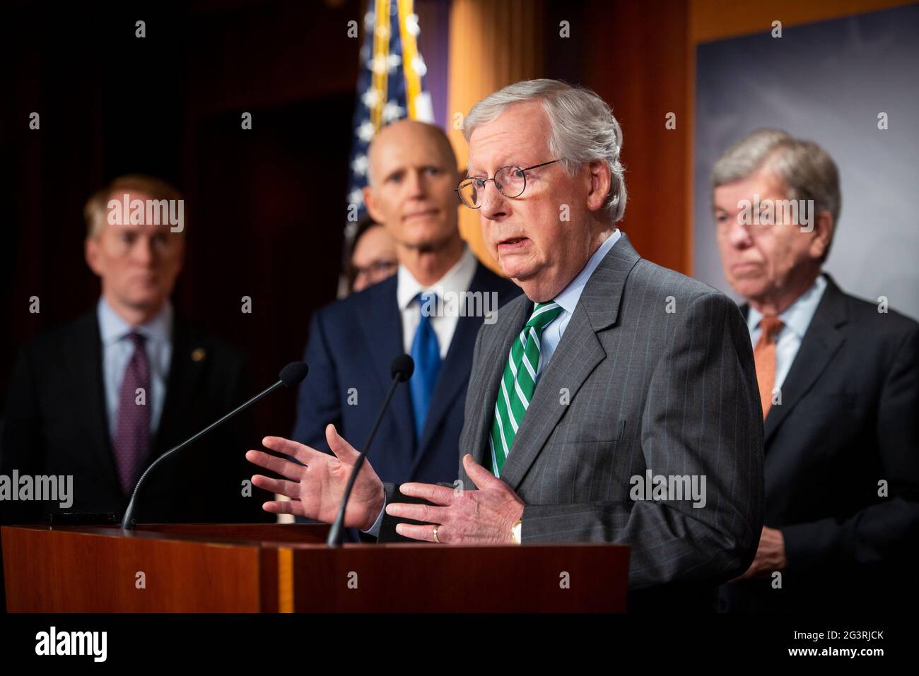 United States Senate Minority Leader Mitch McConnell (Republican of Kentucky) offers remarks during a press conference to express opposition to the For the People Act at the US Capitol in Washington, DC, Thursday, June 17, 2021. Credit: Rod Lamkey/CNP /MediaPunch Stock Photo