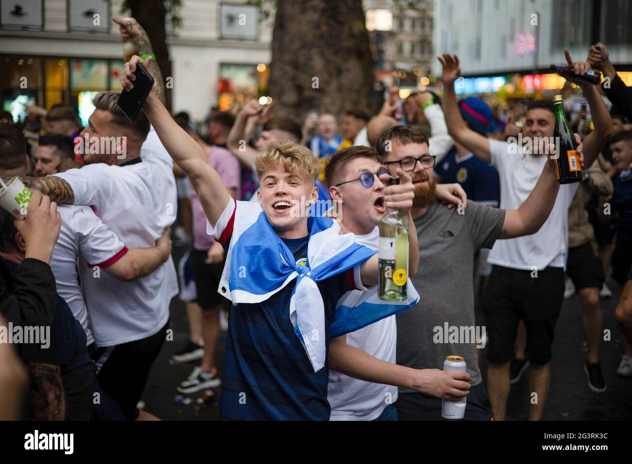 London, UK. 17th June, 2021. Scotland Football fans are seen celebrating  before the match. Football fans supporting Scotland arrived in London today  prior to the UEFA football match between England and Scotland
