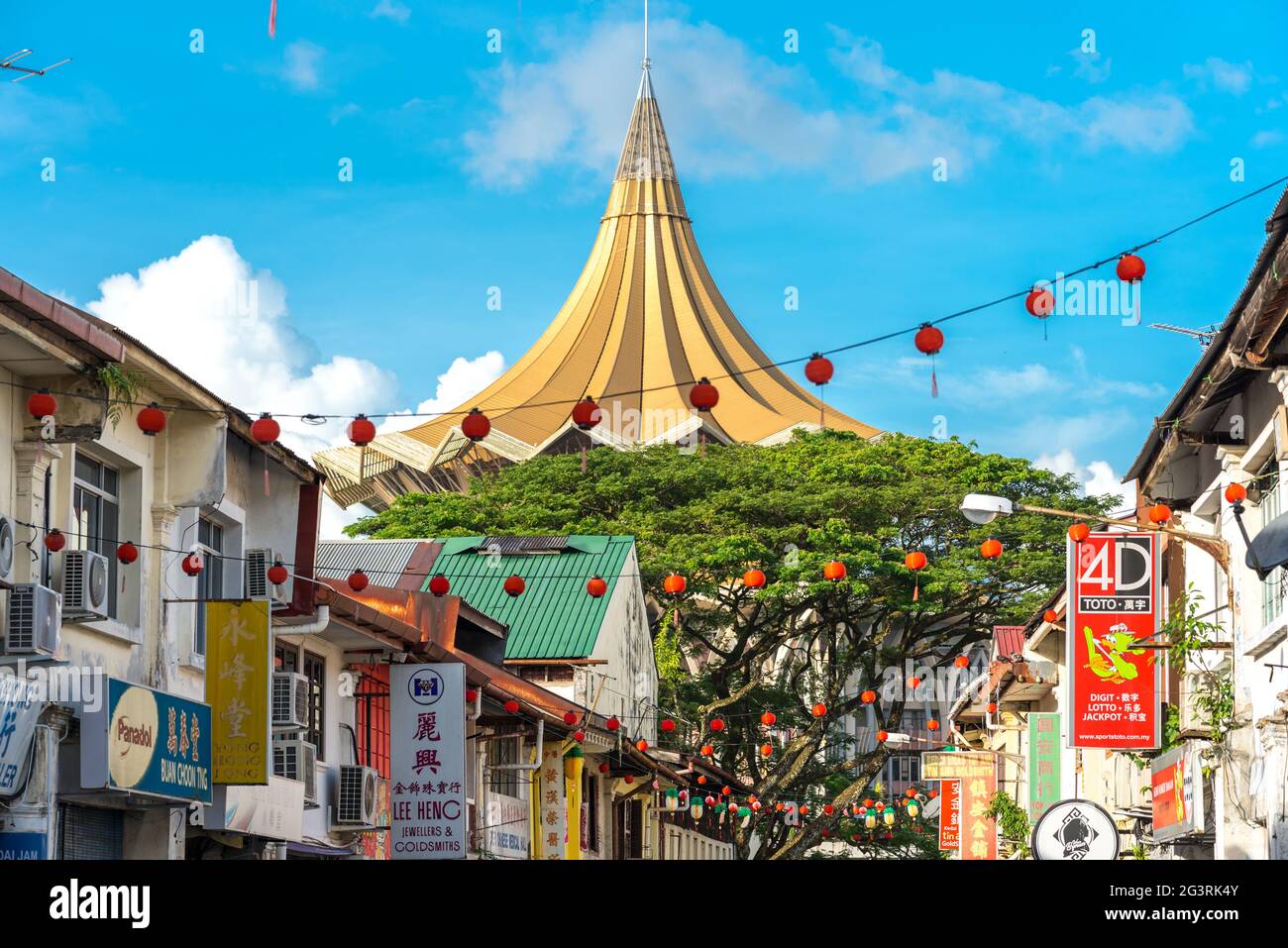 View from the Chinatown Kuching to the roof of the New Sarawak State Legislative Assembly Building Stock Photo