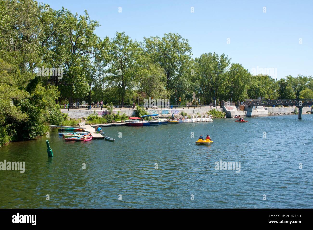 Boat rental dock on the Lachine Canal near Montreal's Atwater Market Stock Photo