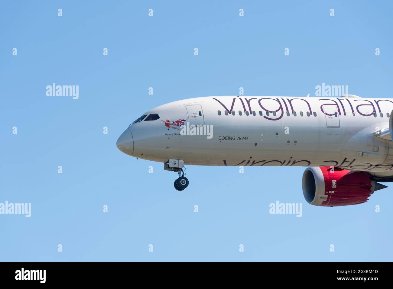 Virgin Atlantic Airways Boeing 787 airliner jet plane G-VBOW on finals to land at London Heathrow Airport, UK, in sunny weather. Named Pearly Queen Stock Photo