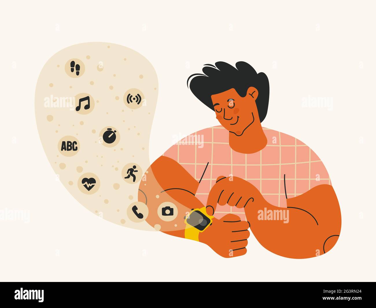 Young man looks at smart watch. Cute guy uses sports watch. Icons for pedometer, heart rate measurement, handset, timer, music, camera, and so on fly Stock Vector