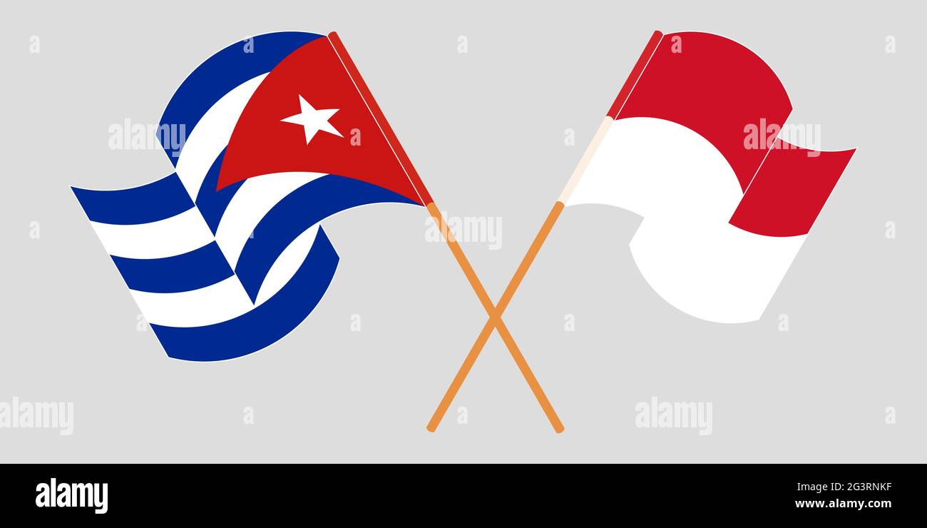 Crossed and waving flags of Cuba and Indonesia. Vector illustration Stock Vector