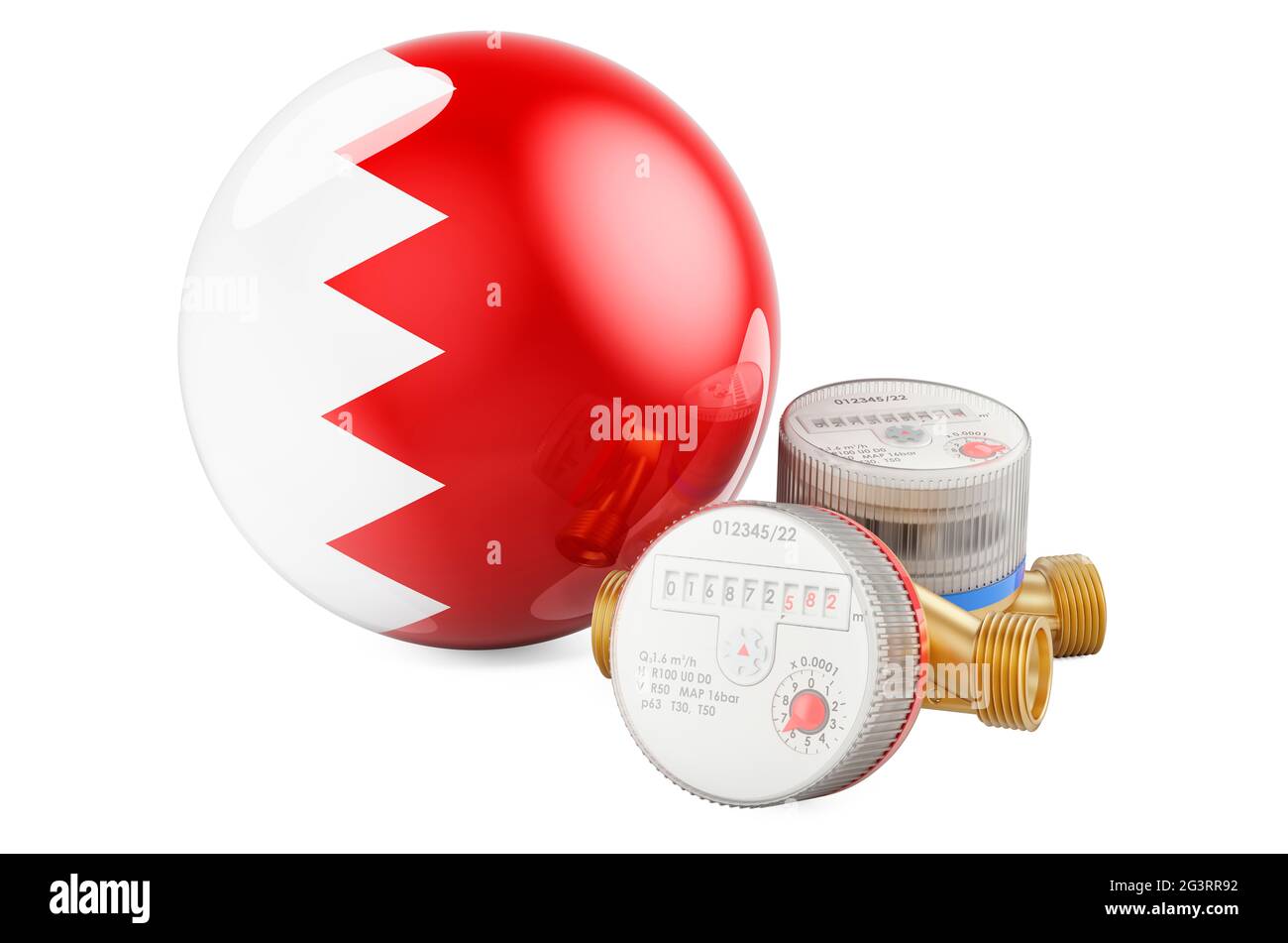 Water consumption in Bahrain. Water meters with Bahraini flag. 3D