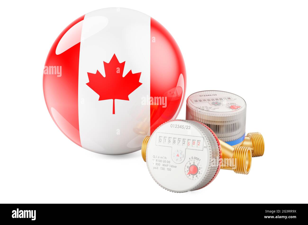 Water consumption in Canada. Water meters with Canadian flag. 3D rendering isolated on white