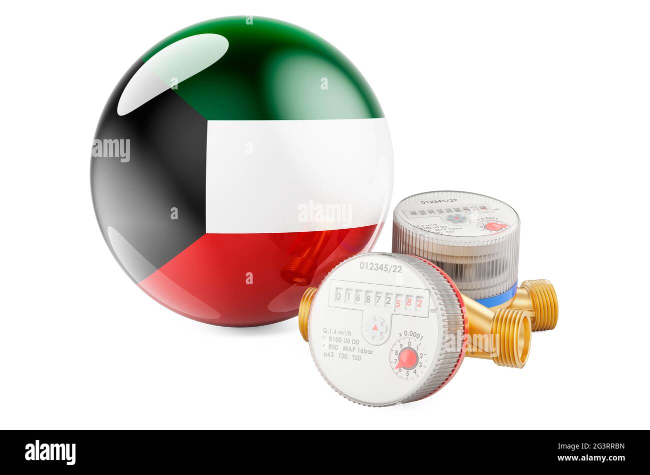 Water consumption in Kuwait. Water meters with Kuwaiti flag. 3D