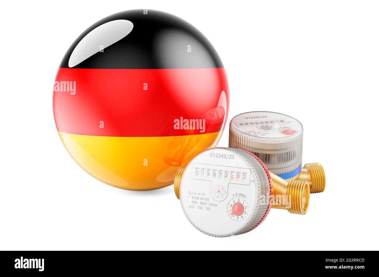 Water consumption in Germany. Water meters with German flag. 3D ...