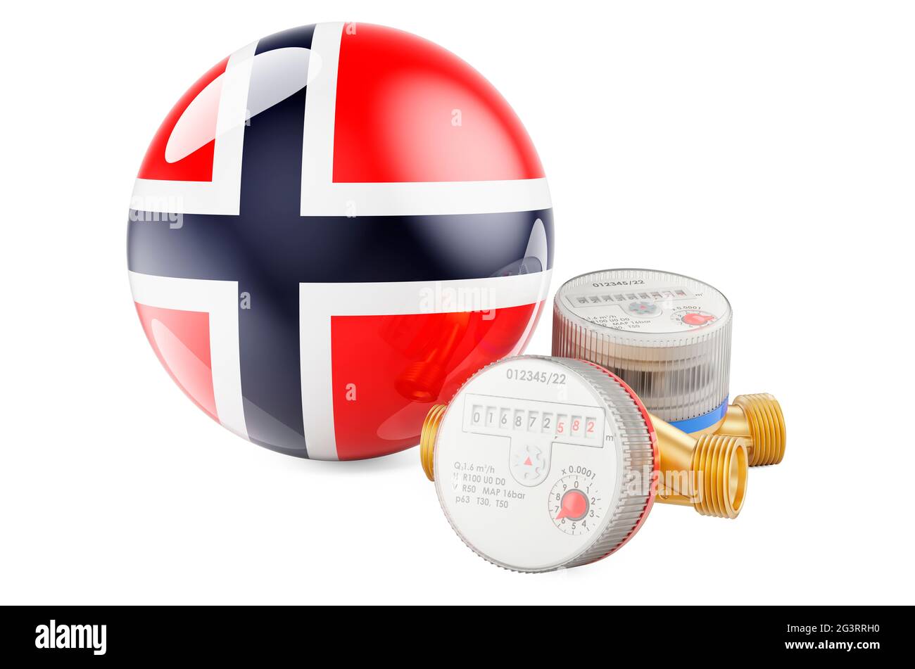 Water consumption in Norway. Water meters with Norwegian flag. 3D rendering isolated on white background Stock Photo