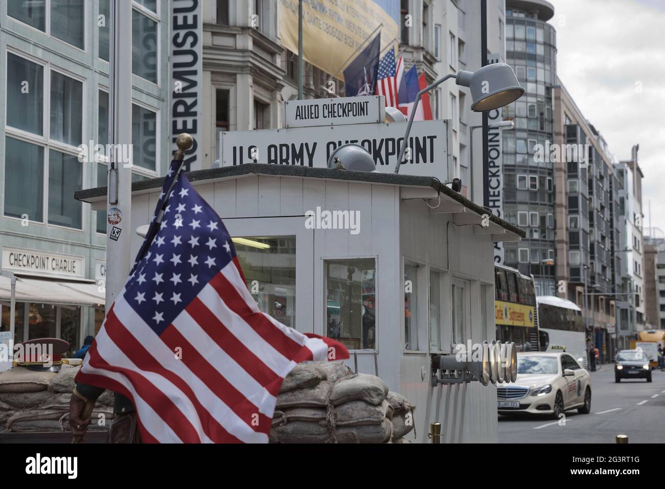 Checkpoint Charlie in Berlin, Germany. It was the former border crossing between the West and East Berlin during the Cold War Stock Photo