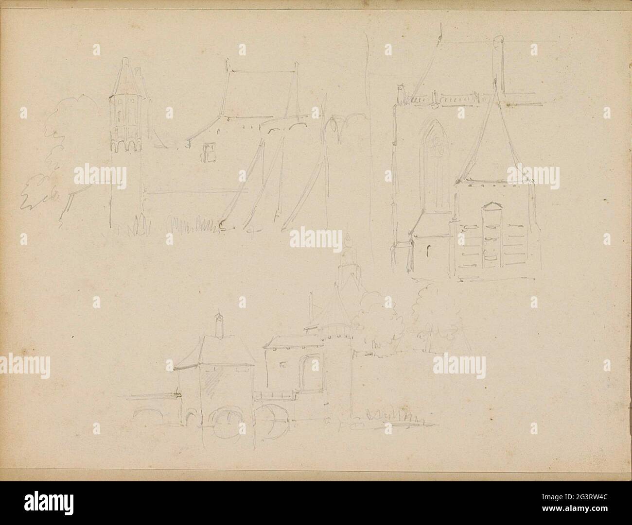 Study Sheet With Buildings Study Sheet With Buildings At The Top Left A Face On A Building With Two Towers At The Top Right A Face Of A Part Of A Church