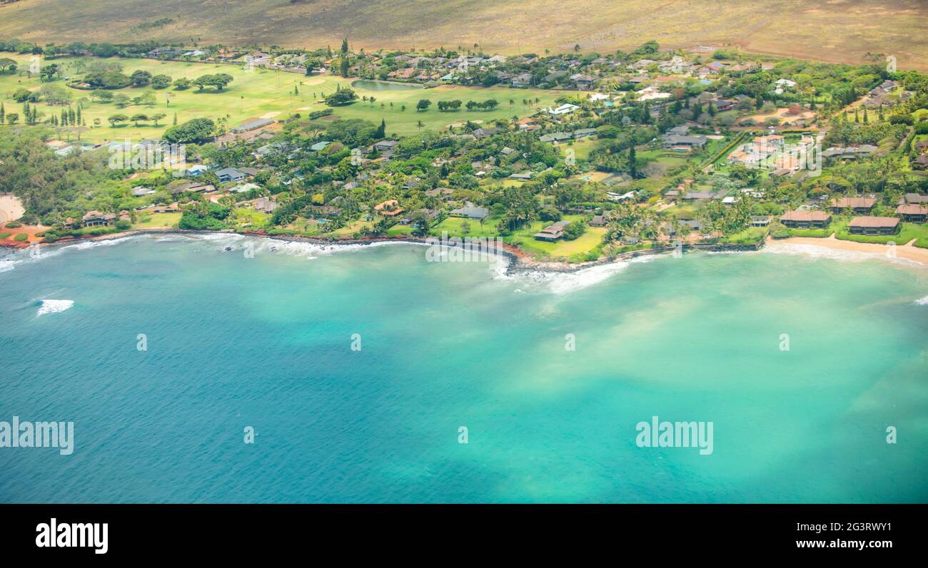 Broad panorama of beach in Hawaii, aerial view over the ocean on west coast of Maui, Hawaii. Stock Photo