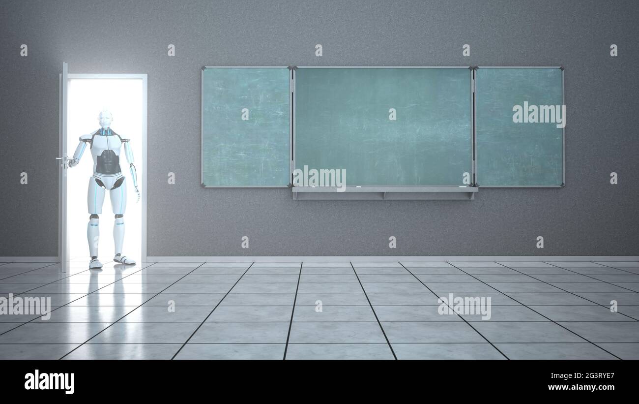 Humanoid Robot Opened Door Classroom Stock Photo