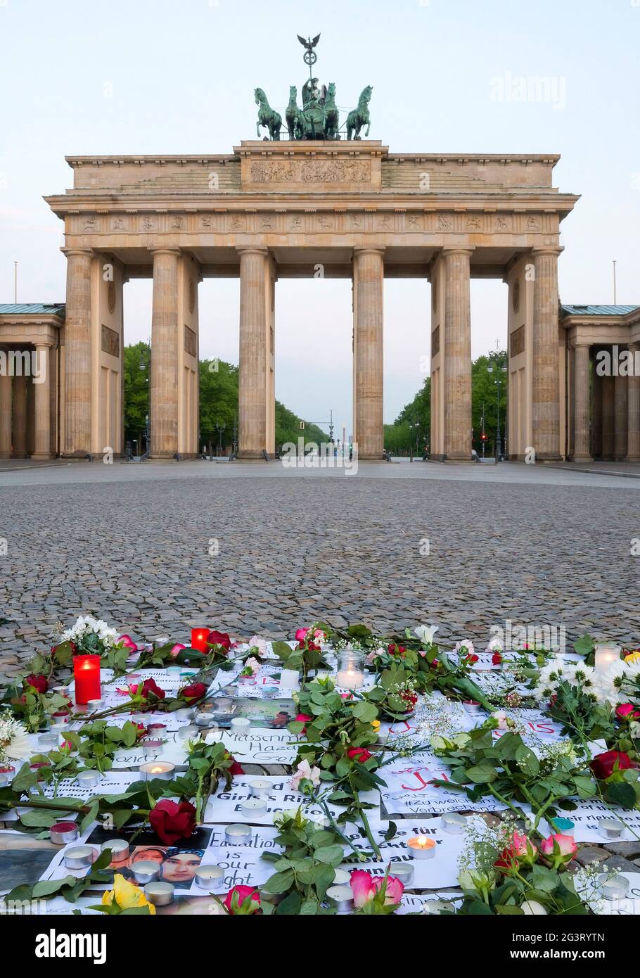 Brandenburger Tor with silent protest on the Pariser Platz (Paris Square) early in the morning, Germany, Berlin Stock Photo