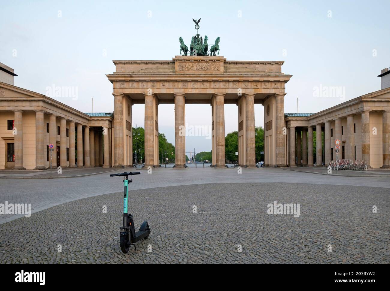 Brandenburger Tor with E-Scooter on Pariser Platz (Paris Square) early in the morning, Germany, Berlin Stock Photo