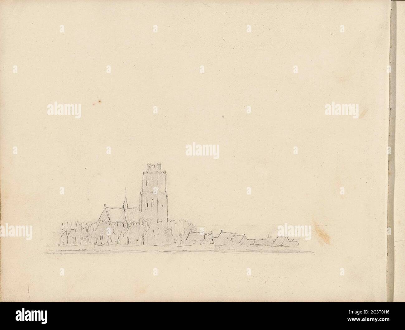 View of a village with church on a waterfront. Leaf 16 Verso from a sketchbook with 44 sheets. Stock Photo
