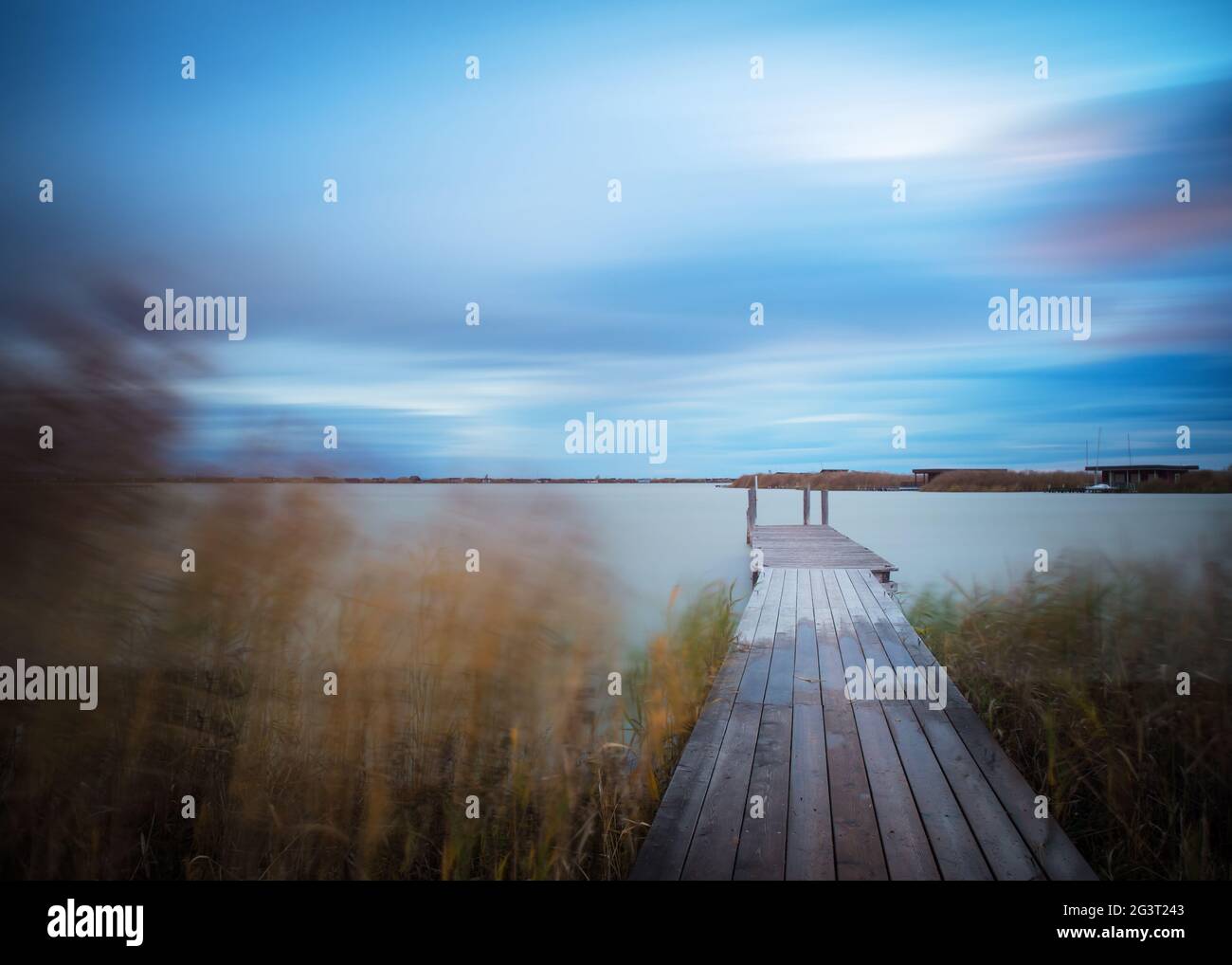 Jetty on lake neusiedlersee in Burgenland at stormy conditions Stock Photo