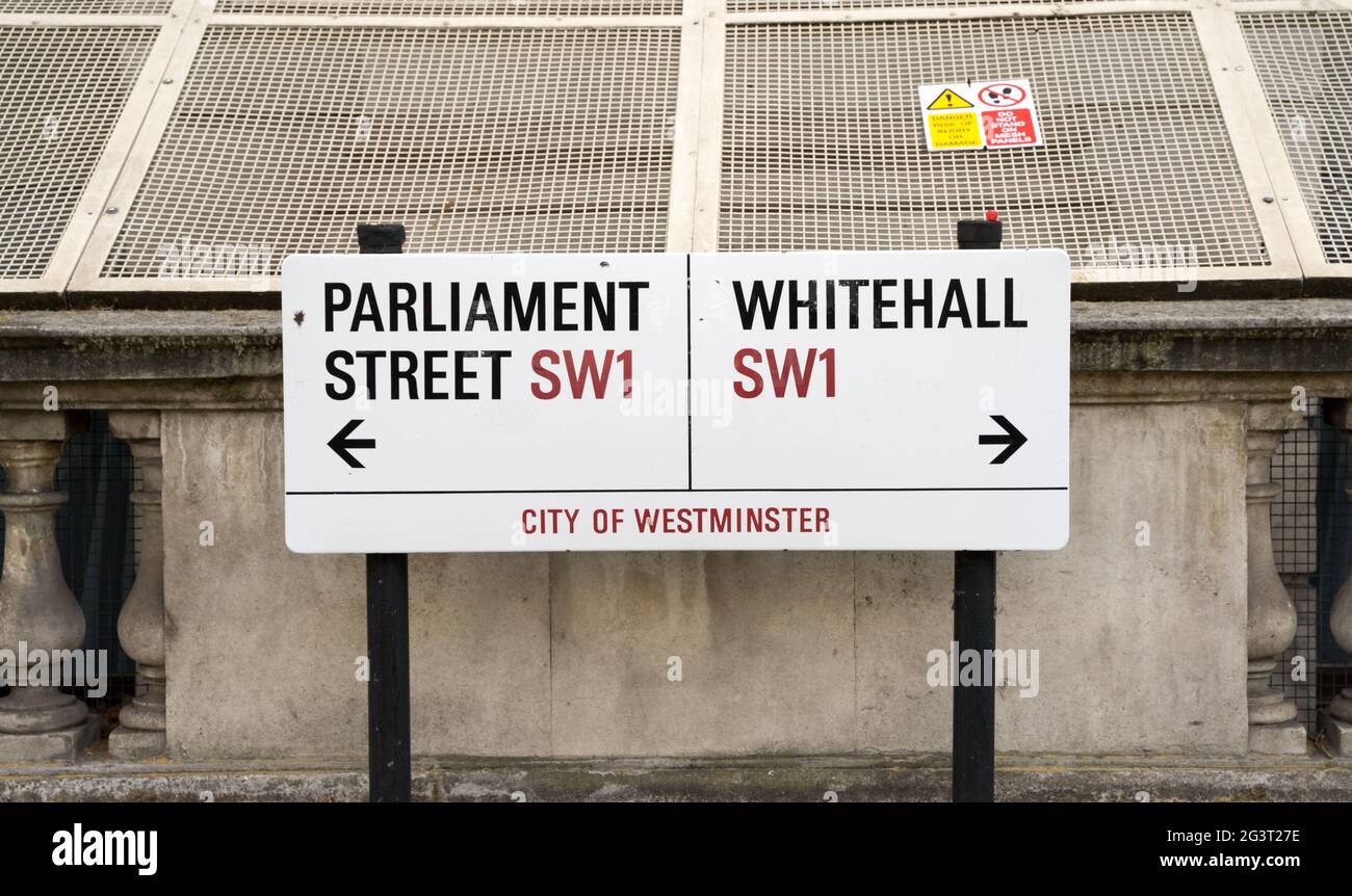 road signs for Parliament Street and WHITEHALL Stock Photo