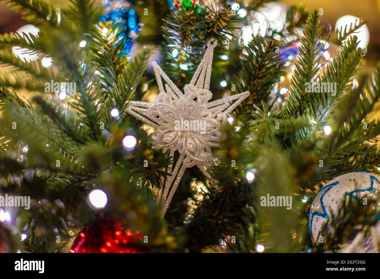Christmas background with decorative star, fir branches and pine cones Stock Photo