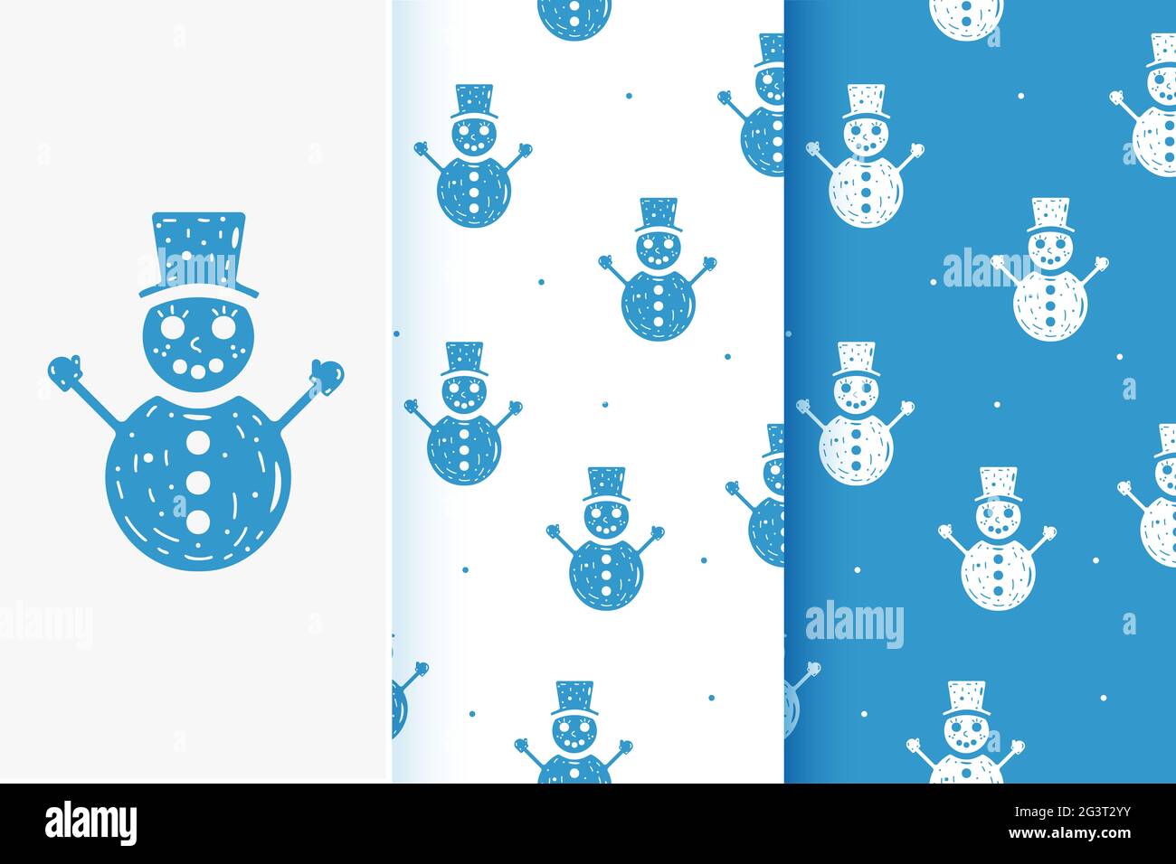 Set of seamless patterns of snowmen in flat style. Collection of cards with traditional Christmas elements. Stock Photo