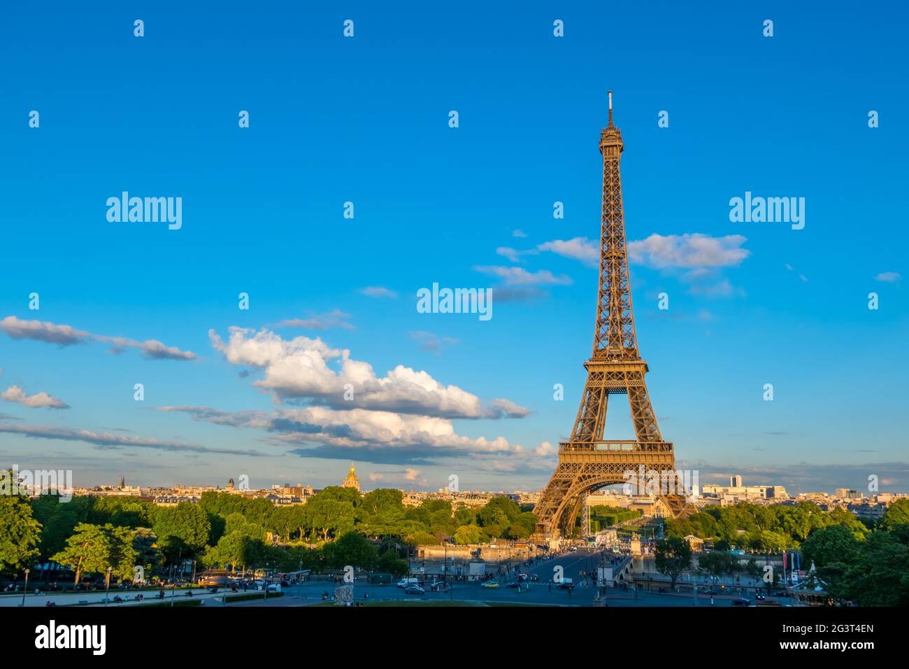 Summer Evening and Traffic near the Eiffel Tower Stock Photo