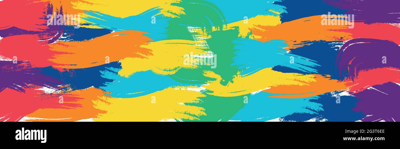 Realistic rainbow colored paint strokes on panoramic background - Vector illustration Stock Vector