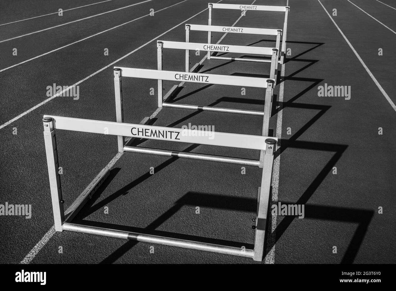 Sports facility in Chemnitz - hurdles on the track Stock Photo