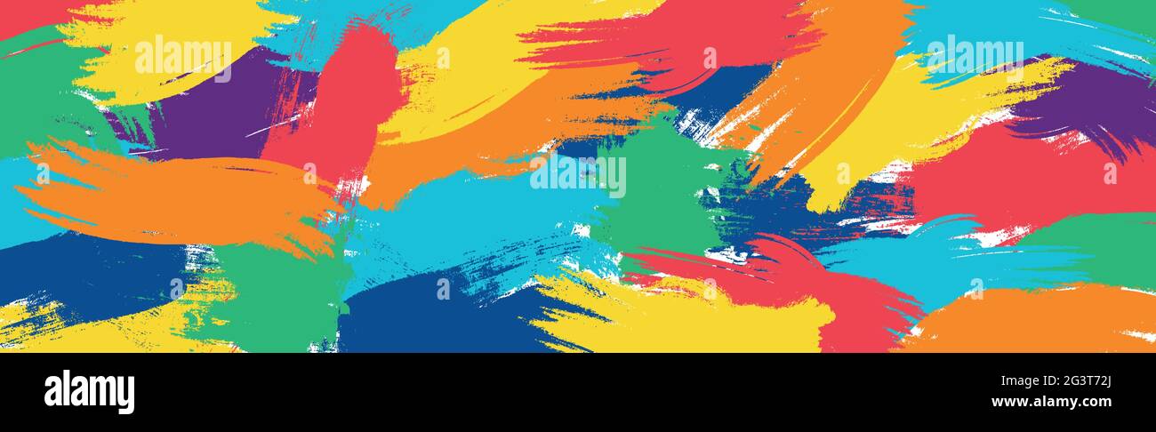 Realistic rainbow colored paint strokes on panoramic background - Vector illustration Stock Vector