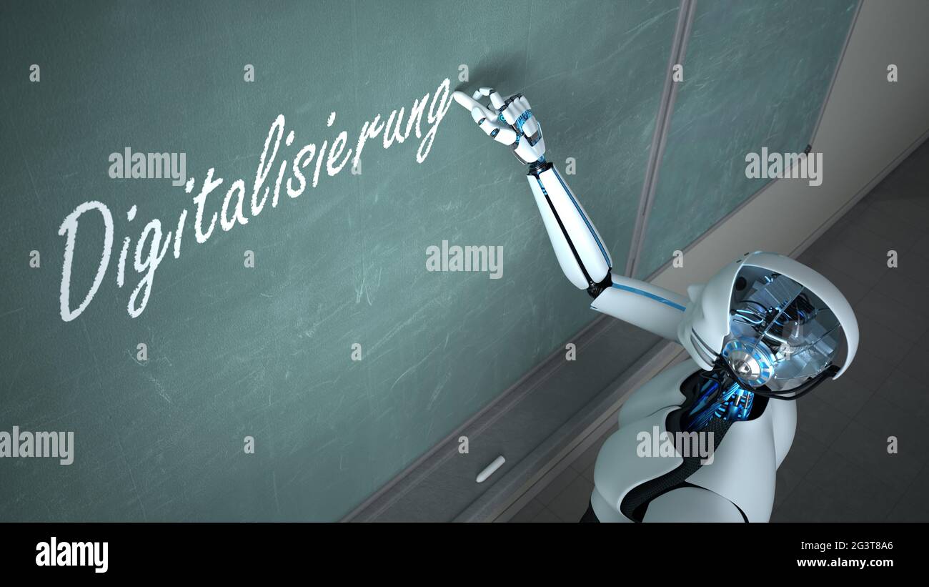 Humanoid Robot Blackboard Digitalisierung Stock Photo