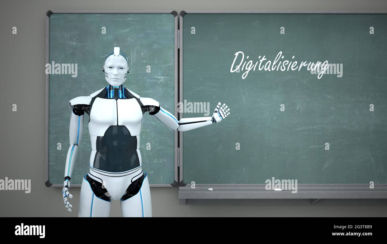 Humanoid Robot Blackboard Digitalisierung Stock Photo