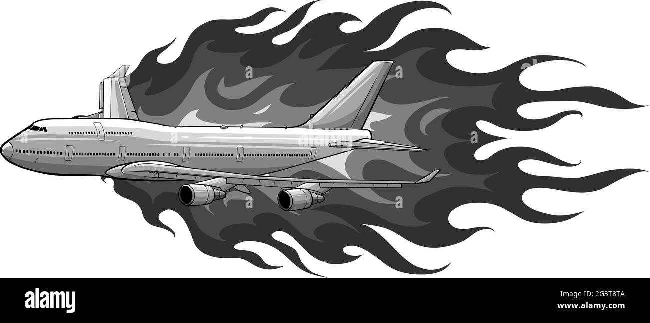 vector illustration of civil aircraft with flames Stock Vector