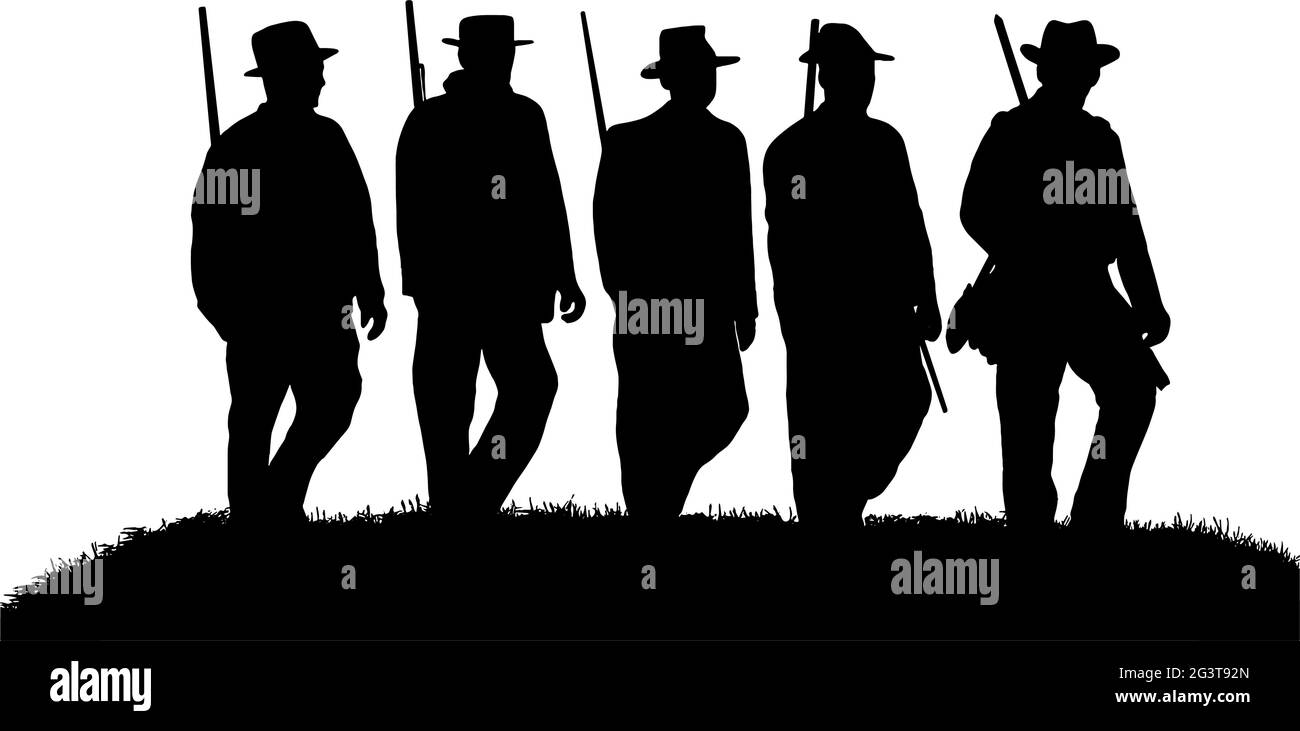 American Civil war soldiers with weapons in black silhouette on white background Stock Vector