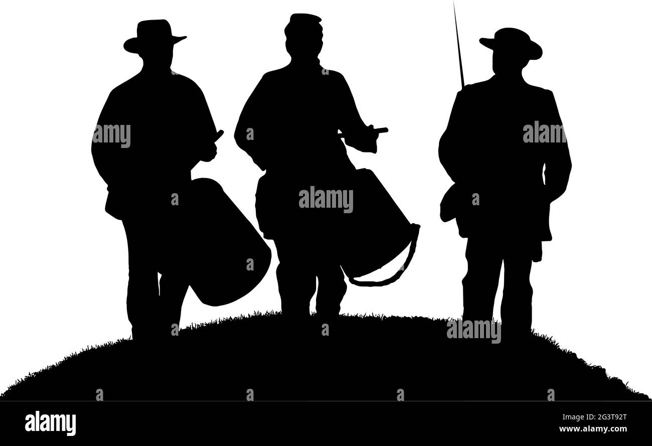 American Civil war Drummer boys and soldier on a hill in black silhouette on white background Stock Vector