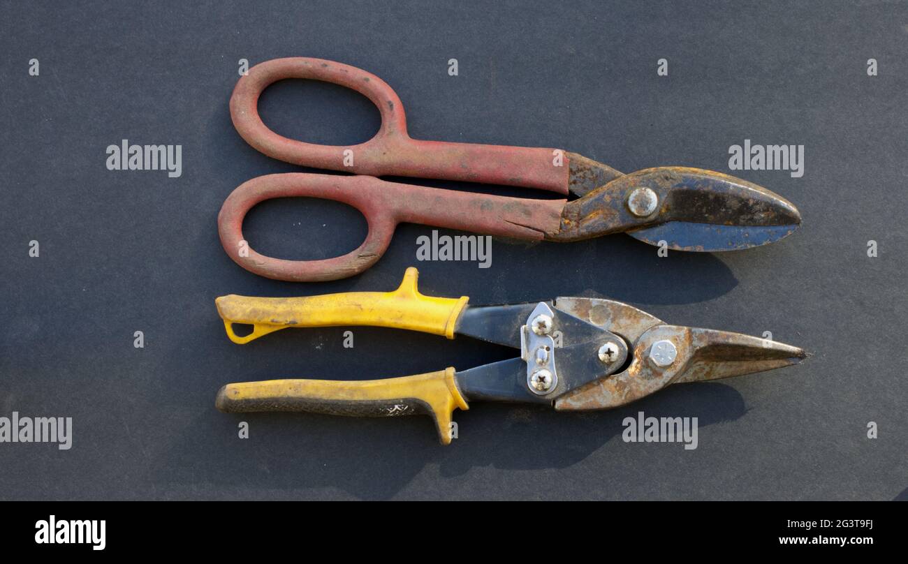 A Pair of Aviation and Duck Bill Tin Snips Stock Photo