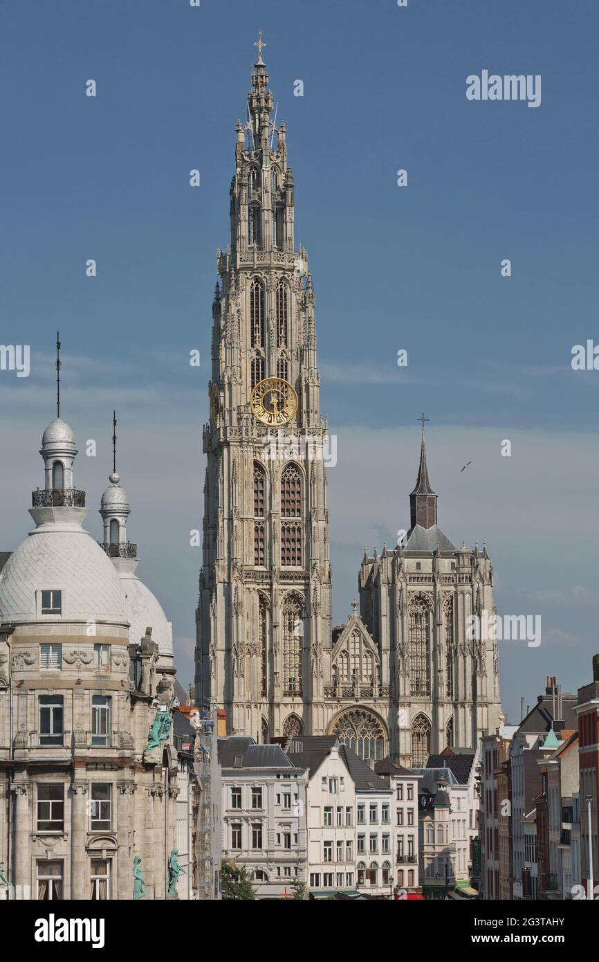 Cityscape and a cathedral of our lady in Antwerp Belgium Stock Photo