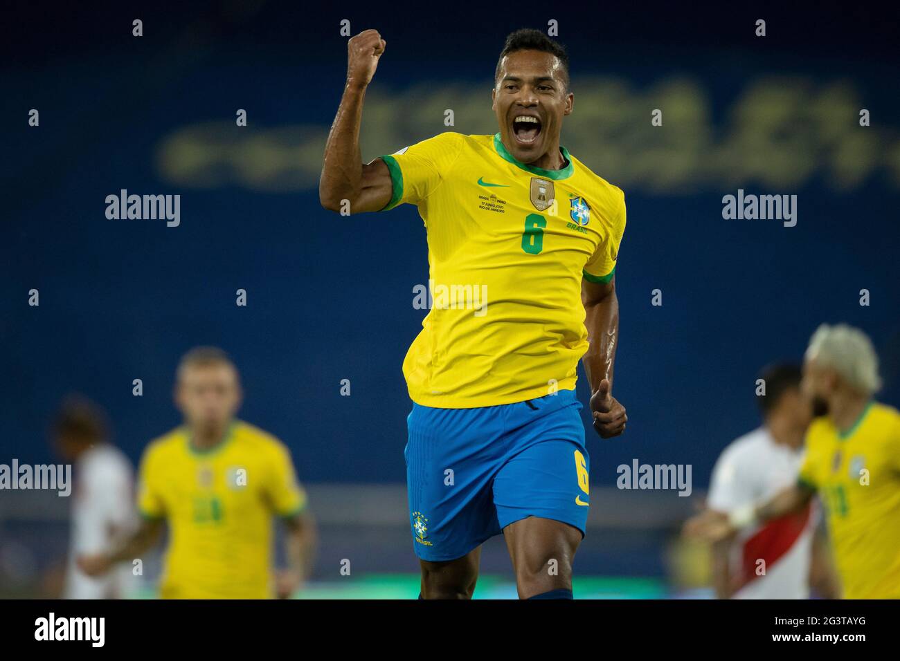 Brazil's Alex Sandro celebrates after scoring his side's opening