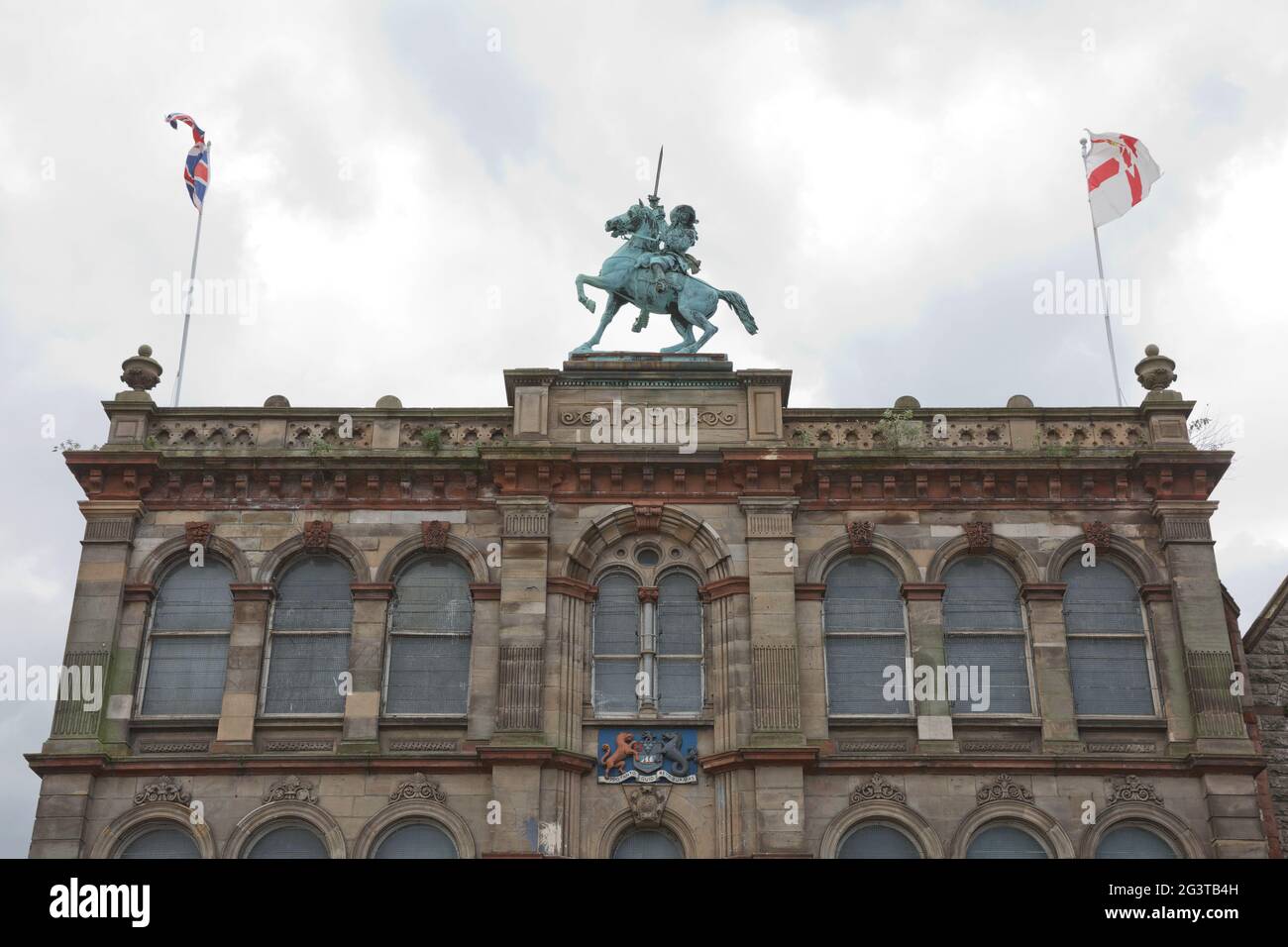 Belfast Orange Hall on Clifton Street with statue of king william on th.e top and stone facade Stock Photo