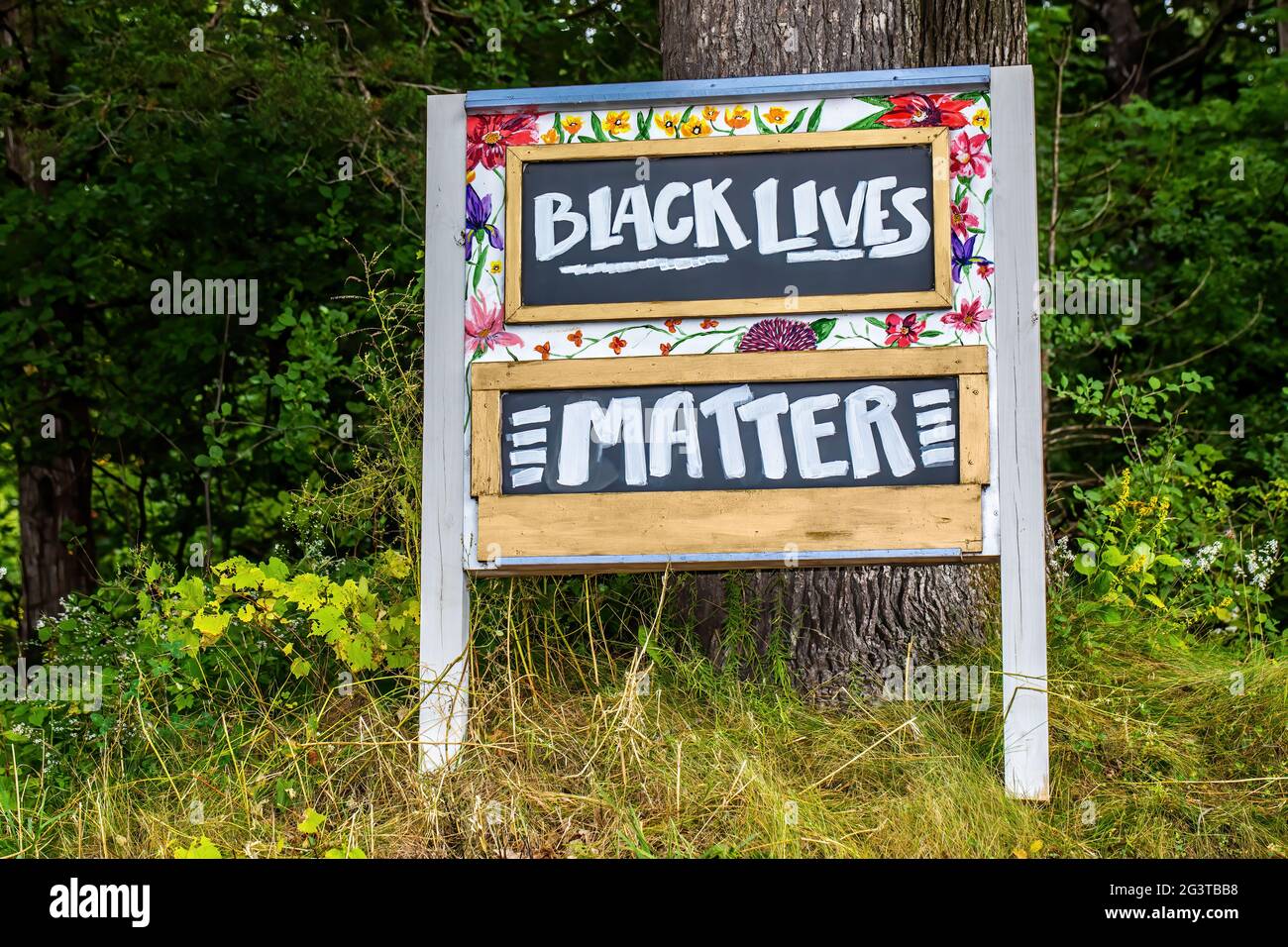 Black Lives Matter Sign with Flowers  Black Lives Matter Sign with flowers with a tree behind. Stock Photo