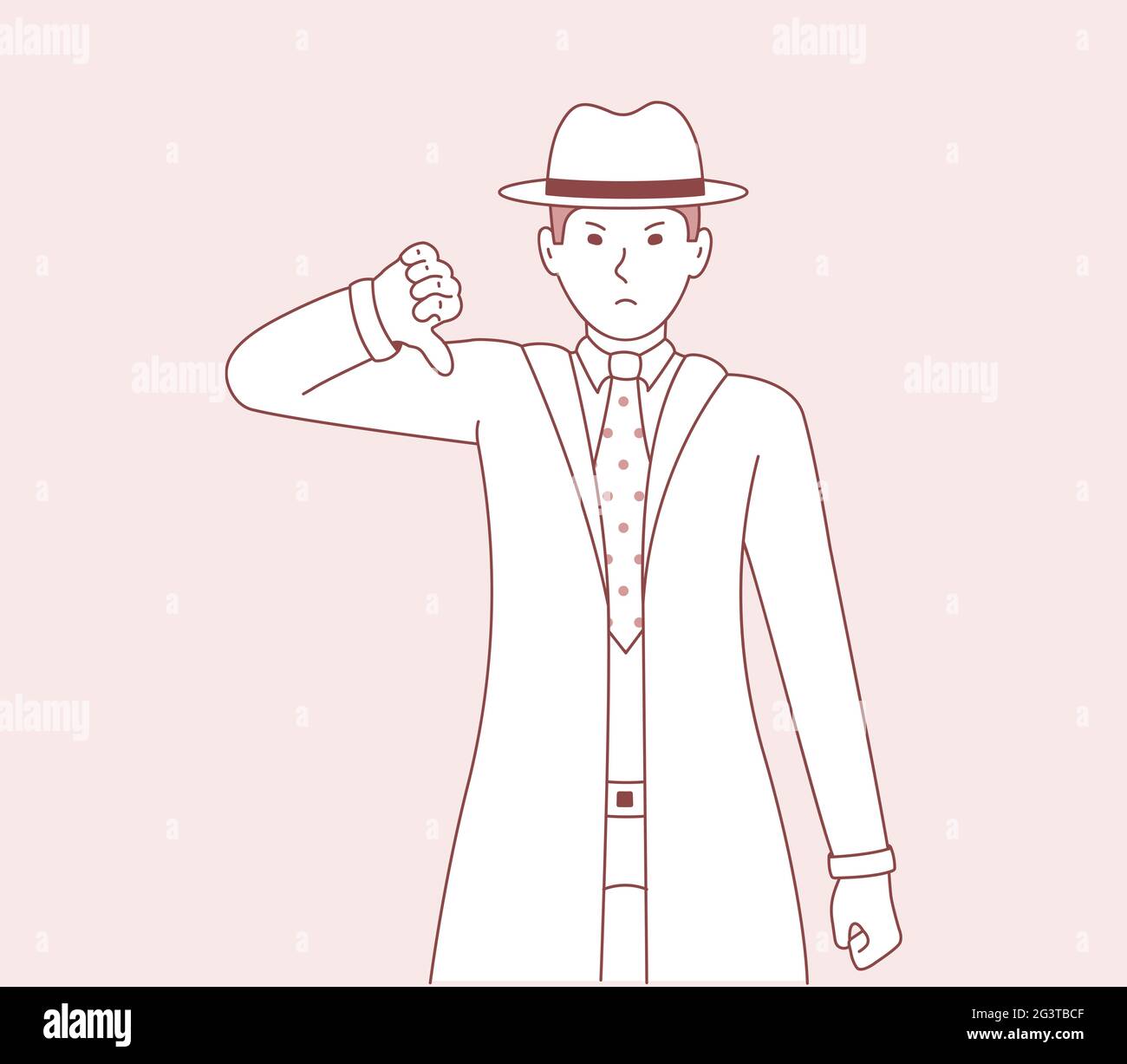 Vector illustration of a man who shows a gesture of disagreement and negative emotions on his face. Men detective cartoon art Stock Photo