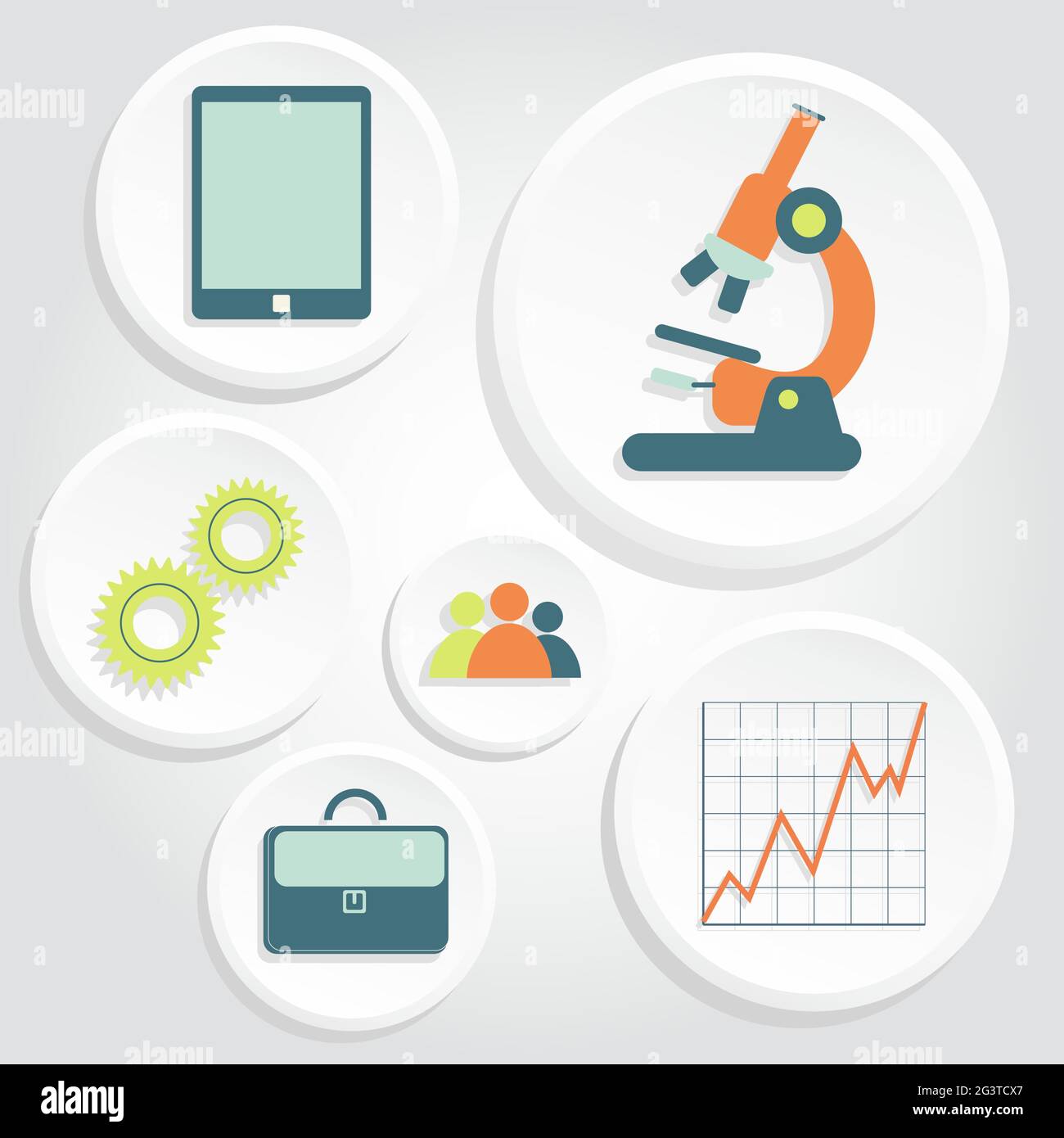 White circular icons of science and business like graphic microscope ...
