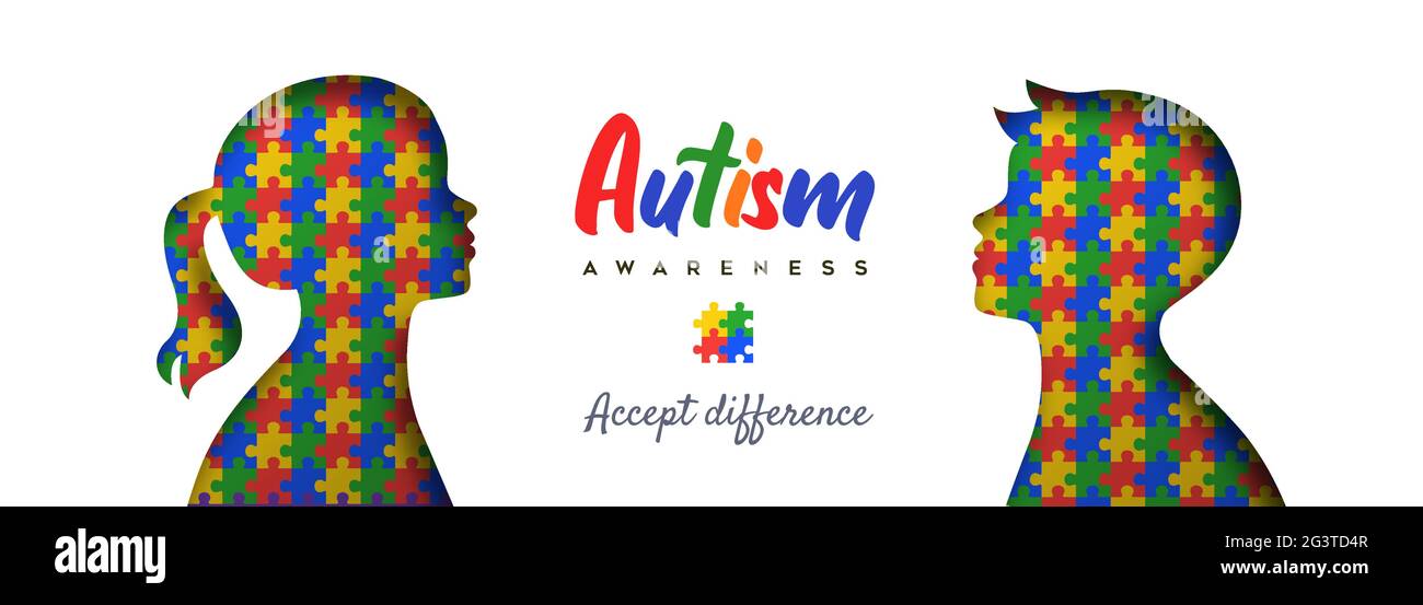 Autism awareness day web banner illustration of paper cut children silhouettes with colorful puzzle pieces game inside. Different kid concept, psychol Stock Vector